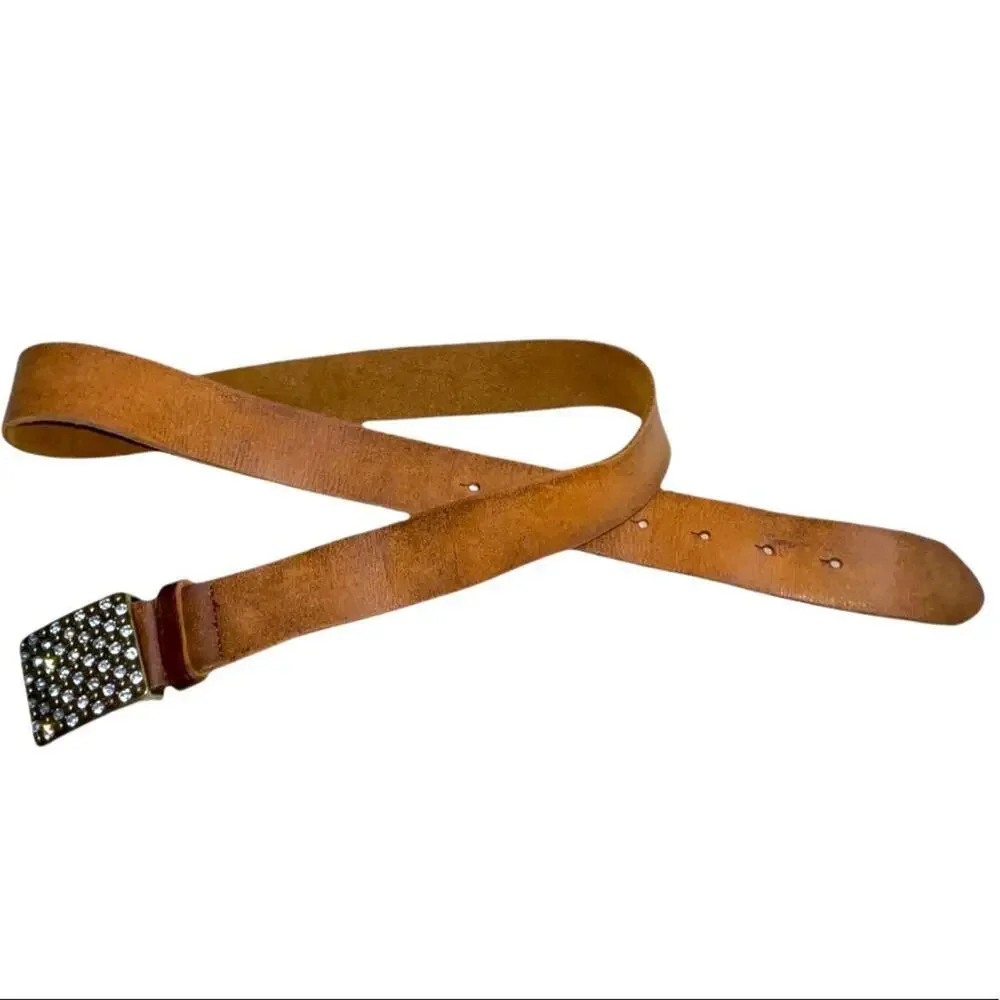 Diamond Studded Brass Buckle Brown Leather Belt